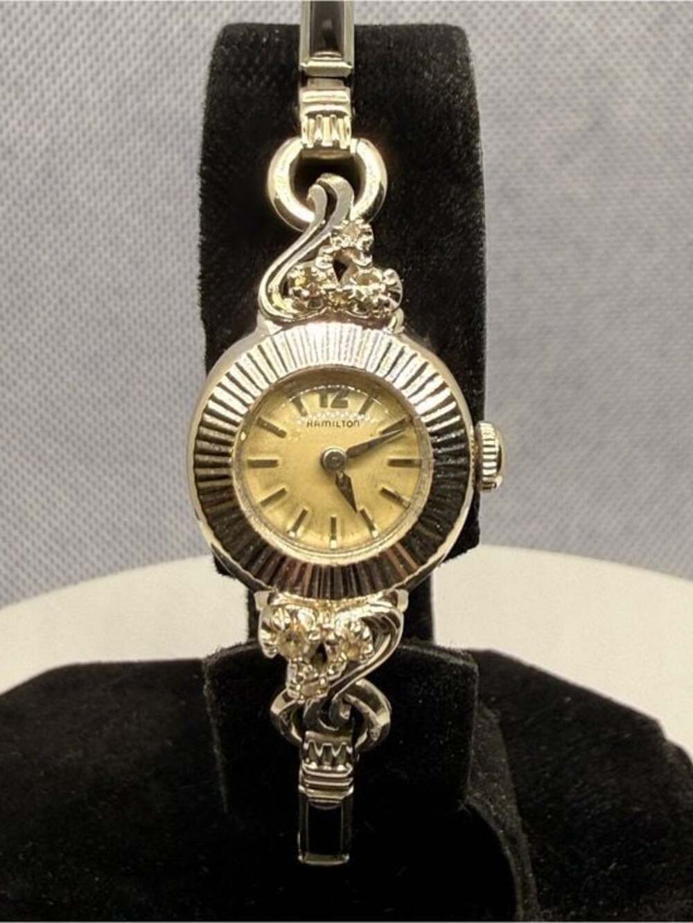 Vintage Hamilton 14K White Gold 6 Diamond Watch Speidel Black Magic Works